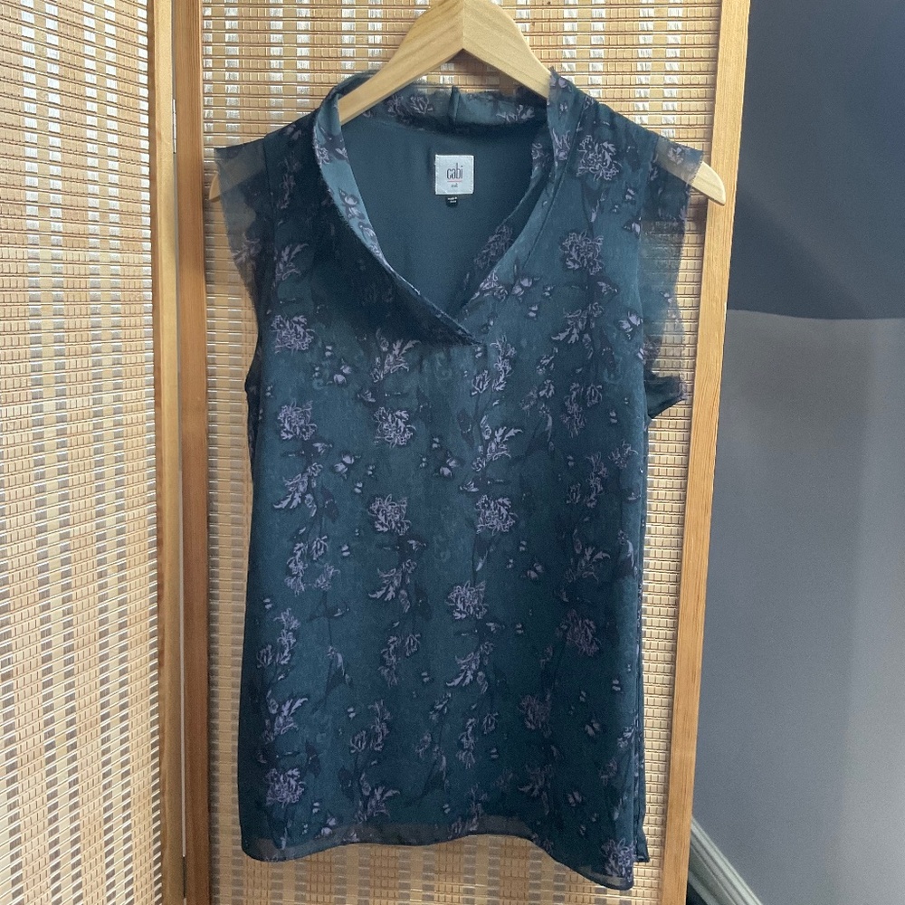 Cabi Womens Blouse Top Sheer Green Plum Floral Evermore Frayed Sleeves 3065